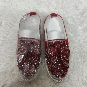 Glittering Red Women's Loafers with Bow
